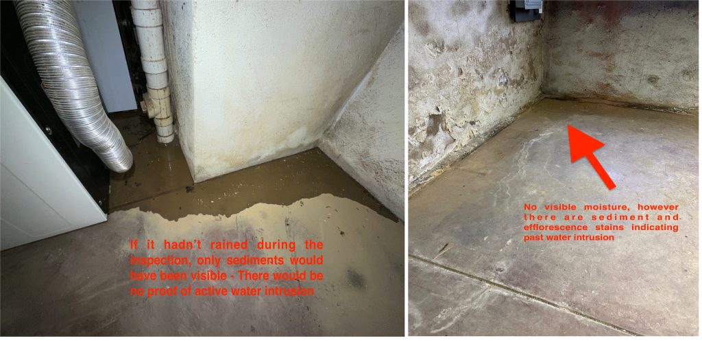 (photo basement 1 & Basement 2) (shows actual water intrusion and example of staining but no actual moisture)
