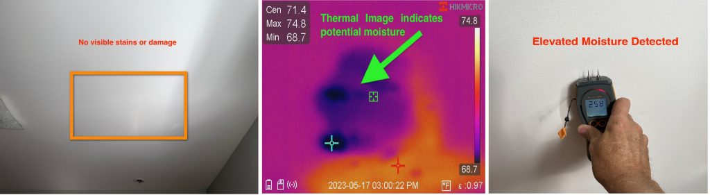 (photos ceiling1, ceiling2 and ceiling3) Shows using infrared to identify a possible moisture issue and then using a moisture meter to confirm.